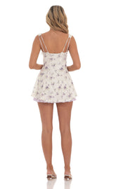 Textured Floral Purple Ruffle Dress in White